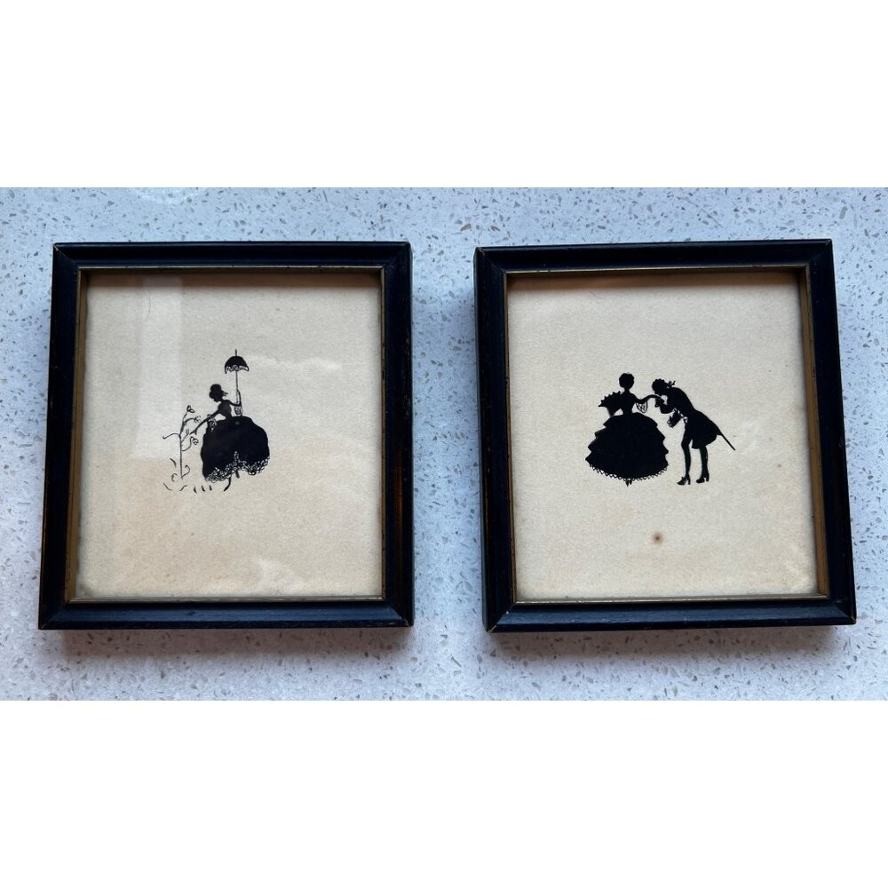 Pair of antebellum silhouette style art Courting Scene Hoop skirt & umbrella wom
